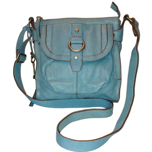 Vintage Y2K Fossil Robin Egg Blue Cross Body Pebble Leather Bag Retro Utility - Picture 1 of 11